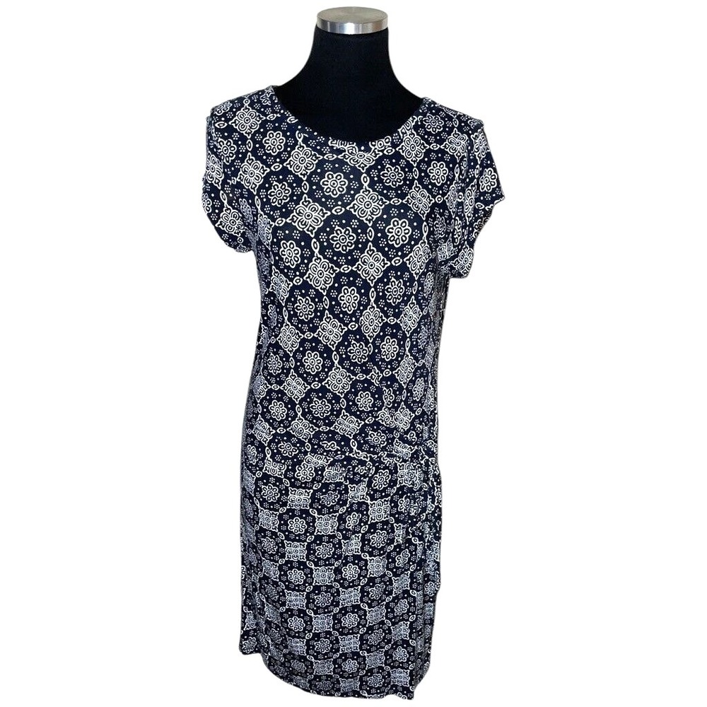 Loft Dress Women Sz‎ M Navy Blue Faux Wrap Lined Knit Floral Stretch Career Work